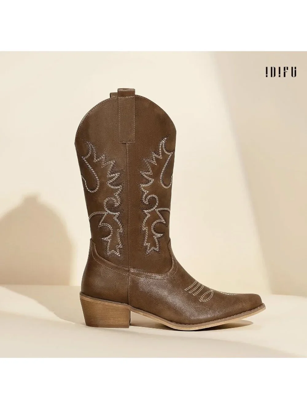 Women's Brown Pu Cowboy Cowgirl Western Mid Calf Embroidered Chunky Low Heel - Picture 6 of 6